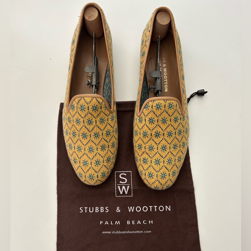 Stubbs & Wootton Women’s Yellow Turquoise Blue Needlepoint Slippers/Loafers